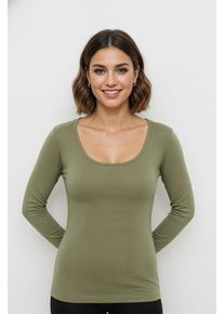 Langarmshirt BOSS Orange "Edeline Premium Damenmode", Damen, Gr. S (36), grau (dunkelgrau 023), Jersey, Obermaterial: 94% Baumwolle, 6% Viskose, meliert, tiefer Rundhals, mit Kn&ouml;pfen,&Auml;rmel mit &Auml;rmelschlitz, Shirts Langarmshirt