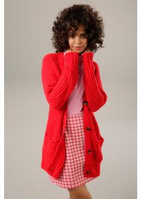 Strickjacke Aniston CASUAL, Damen, Gr. 46, rot, Grobstrick, Obermaterial: 100% Polyacryl, unifarben, sehr weit Po-bedeckend, V-Ausschnitt, Rippstrickb&uuml;ndchen, Strickjacken Strickjacke, mit kunstvollem Strickmuster, Topseller