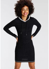 Strickkleid Kangaroos, Damen, Gr. 42, N-Gr, grau (schwarz, anthrazit), Feinstrick, Obermaterial: 50% Baumwolle, 50% Polyacryl, Zopfmuster, meliert, sehr figurbetont mini, Rippstrickb&uuml;ndchen, Kleider Strickkleid, mit Kapuze und Kordelzug, aus Feinstrick