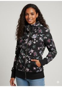 Sweatjacke Ragwear "NESKA ZIP FLOWERS O", Damen, Gr. 3XL, schwarz, Sweatware, Obermaterial: 70% Baumwolle, 30% Polyester, bedruckt, gebl&uuml;mt, gemustert, figurbetont h&uuml;ftbedeckend, Rundhals, Rippb&uuml;ndchen, Sweatjacken Sweatjacke, mit extra breiten B&uuml;ndchen