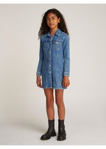 Jeanskleid Tommy Hilfiger "DENIM DRESS LS", M&auml;dchen, Gr. 12 (152), N-Gr, blau (saltandpepper), Denim/Jeans, Obermaterial: 99% Baumwolle, 1% Elasthan, unifarben, normal, 1-Knopf-Manschette, Kleider Jeanskleid, mit Brusttaschen, in blauer Waschung