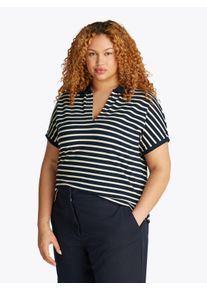 Poloshirt Tommy Hilfiger Curve "CRV LYOCELL OPEN-NK POLO SS", Damen, Gr. 46, blau (schwarz night navy, calico stp), Jersey, Obermaterial: 65% Lyocell, 32% Baumwolle, 3% Elasthan, gestreift, regular fit h&uuml;ftlang, tiefer V-Ausschnitt, elastischer Bund kontrastfarben, Shirts Poloshirt, in Gro&szlig;en Gr&ouml;&szlig;en, Polokragen, Streifenmuster