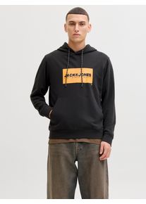 Jack & Jones Kapuzensweatshirt JACK & JONES "JJCOLE PRINT SWEAT HOOD UNB", Herren, Gr. S, schwarz, angeraute Sweatware, Obermaterial: 60% Baumwolle, 40% Polyester, bedruckt, regular fit, Rippb&uuml;ndchen, Sweatshirts Kapuzensweatshirt