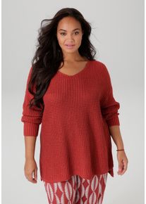 Strickpullover ANISTON PLUS, Damen, Gr. 46, rot (rostrot), Strick, Obermaterial: 100% Polyacryl, unifarben, l&auml;ssig geschnitten Po-bedeckend, V-Ausschnitt, Rippstrickb&uuml;ndchen, Pullover Strickpullover, im dezenten Ajour-Strickmuster