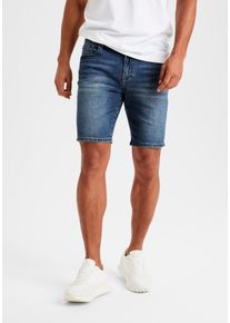 Jeansshorts Buffalo "5-Pocket Shorts", Herren, Gr. 33, N-Gr, blau (dunkelblau), Jeans, Obermaterial: 98% Baumwolle, 2% Elasthan, Destroyed-Effekte, regular fit kurz, Jeans Jeansshorts, mit normaler Bundh&ouml;he, kurze Hose aus elastischer Denim-Qualit&auml;t, Topseller
