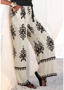 Palazzohose Lascana, Damen, Gr. 46, N-Gr, beige (sand, schwarz bedruckt), Web, Obermaterial: 100% Viskose, bedruckt, figurumspielend lang, Hosen Palazzohose, mit Ethnoprint, Sommerhose, Topseller