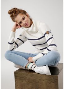 Rollkragenpullover Kangaroos, Damen, Gr. 52/54, bunt (wollwei&szlig;, marine), Strick, Obermaterial: 60% Baumwolle, 40% Polyacryl, geringelt, gestreift, normal h&uuml;ftbedeckend, Rippstrickb&uuml;ndchen, Pullover Rollkragenpullover, in l&auml;ssiger Form mit Kontraststreifen