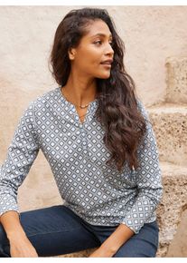 Langarmshirt Heine "Druck-Shirt", Damen, Gr. 44, blau (grau, hellblau, bedruckt), 100% Baumwolle, gemustert, mehrfarbig, Rundhals, Shirts Langarmshirt