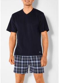 Pyjama s.Oliver, Herren, Gr. 44/46, blau (marine, blau, kariert), Jersey, Obermaterial: 100% Baumwolle, kariert, Basic, bequem kurz, V-Ausschnitt, abgesteppte Kante, Homewear-Sets Pyjama, mit seitlichen Eingrifftaschen, Topseller