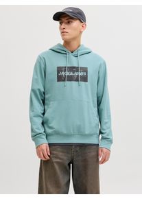 Jack & Jones Kapuzensweatshirt JACK & JONES "JJCOLE PRINT SWEAT HOOD UNB", Herren, Gr. XL, mineral blau, angeraute Sweatware, Obermaterial: 60% Baumwolle, 40% Polyester, bedruckt, regular fit, Rippb&uuml;ndchen, Sweatshirts Kapuzensweatshirt