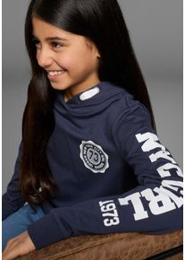 Kapuzensweatshirt Kidsworld "Shirt mit &Auml;rmelprint", M&auml;dchen, Gr. 152/158, blau (marine), Sweatware, Obermaterial: 100% Baumwolle, bedruckt, Basic taillenbedeckt, B&uuml;ndchen, Sweatshirts Kapuzensweatshirt, Langarm, mit stylischem Print, mit Kapuze, aus Baumwolle