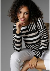 Shirtbluse Aniston SELECTED, Damen, Gr. 44, schwarz-wei&szlig; (schwarz, sanftes wei&szlig;, beige), Cr&ecirc;pe, Obermaterial: 97% Polyester, 3% Elasthan, gemustert, l&auml;ssig geschnitten h&uuml;ftbedeckend, Rundhals, Rippb&uuml;ndchen, Blusen Shirtbluse, mit grafischem Muster, Topseller