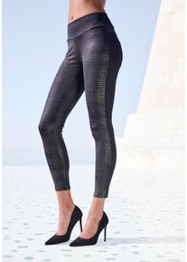 Leggings Lascana, Damen, Gr. 44/46, N-Gr, schwarz (schwarz silber), Obermaterial: 90% Polyester, 10% Elasthan, gl&auml;nzend, schmal lang, Hosen Leggings, im modischen Hahnentrittmuster