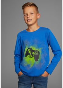 Langarmshirt Kidsworld "GAMER", Jungen, Gr. 128/134, blau (royalblau), Jersey, Obermaterial: 100% Baumwolle, bedruckt, Basic, Basic, Rundhals, Shirts Langarmshirt, Gamer-Shirt Langarm, Basic-Passform, mit trendigem Aufdruck, Topseller