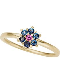 Fingerring Firetti "Schmuck Geschenk Gold 333 Damenring Goldring Blume Edelstein" Gr. 18, bunt (gelbgoldfarben, blau, rot), Fingerringe, Damen, 18, Gelbgold 333, 1,45mm, Fingerring, mit Rubin, Saphir