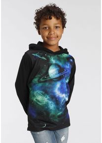 Kapuzenshirt Kidsworld "UNIVERSUM -Fotoprint", Jungen, Gr. 140/146, schwarz, Jersey, Obermaterial: 100% Baumwolle. Kapuzenfutter: 100% Baumwolle. Vorderteil: 100% Polyester, bedruckt, Basic, Shirts Kapuzenshirt, Langarm, Basic-Passform, mit trendigem Druck, aus Jerseystoff, Topseller