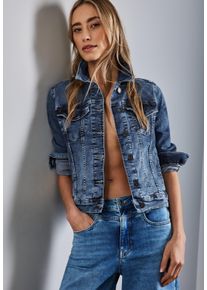 Jeansblazer Street One, Damen, Gr. 36, blau (mid blau random), Web, Obermaterial: 82% Baumwolle, 15% Polyester, 3% Elasthan, unifarben, regular fit taillenbedeckt, Manschette, Blazer Jeansblazer, mit Brusttaschen