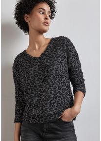 Langarmshirt Street One, Damen, Gr. 40, grau (gravel grau meliert), Jersey, Obermaterial: 62% Polyamid, 25% Polyester, 13% Viskose, gemustert, regular fit h&uuml;ftlang, V-Ausschnitt, Rippb&uuml;ndchen, Shirts Langarmshirt, mit flauschigem Leomuster