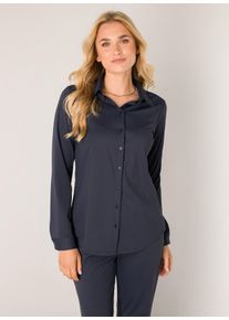 Langarmbluse Base Level "Tamara", Damen, Gr. 38, blau (dunkelblau), Web, Obermaterial: 75% Polyamid, 25% Elasthan, unifarben, tailliert h&uuml;ftbedeckend, Rundhals, 1-Knopf-Manschette, Blusen Langarmbluse, mit Stretch und Knopfleiste