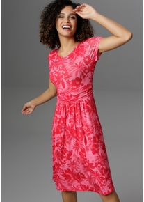 Sommerkleid Aniston SELECTED, Damen, Gr. 46, N-Gr, pink (pink, rot), Single Jersey, Obermaterial: 95% Viskose, 5% Elasthan, bedruckt, gebl&uuml;mt, figurbetont knieumspielend, Rundhals, Kleider Sommerkleid, mit Palmen und Bl&uuml;ten in Knallfarbe, Topseller