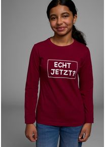 Langarmshirt Kidsworld "ECHT JETZT?", M&auml;dchen, Gr. 128/134, rot (bordeaux), Single Jersey, Obermaterial: 100% Baumwolle, bedruckt, Basic, Rundhals, Shirts Langarmshirt, Langarm, Basic-Passform, mit peppigem und dynamischem Aufdruck, Topseller