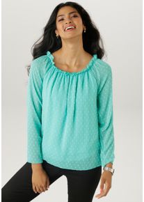 Schlupfbluse Aniston SELECTED, Damen, Gr. 36, blau (t&uuml;rkis), Chiffon, Obermaterial: 100% Polyester. Futter: 95% Viskose, 5% Elasthan, leicht transparent, l&auml;ssig geschnitten h&uuml;ftbedeckend, Carmenausschnitt, Raglan&auml;rmel, Blusen Schlupfbluse, mit weiten Ausschnitt und elastischen Gummi