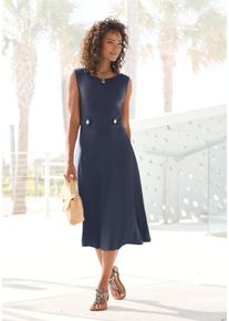 Midikleid Lascana, Damen, Gr. 40, N-Gr, blau, Jersey, Obermaterial: 95% Polyester, 5% Elasthan, unifarben, figurumspielend kniebedeckend, Rundhals, Kleider Midikleid, mit dekorativen Riegeln und goldenen Zierkn&ouml;pfen, b&uuml;gelfrei, Topseller