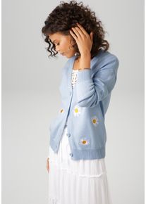 Strickjacke Aniston CASUAL, Damen, Gr. 40, bunt (hellblau, wei&szlig;, gelb), Feinstrick, Obermaterial: 100% Baumwolle, bestickt, gebl&uuml;mt, l&auml;ssig geschnitten h&uuml;ftlang, V-Ausschnitt, Strickb&uuml;ndchen, Strickjacken Strickjacke, mit aufgestickten Margeriten verziert, Topseller