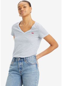 Levi's V-Shirt LEVI'S "PERFECT VNECK", Damen, Gr. M (38), blau (penny stripe kentuck), Single Jersey, Obermaterial: 100% Baumwolle, gestreift, figurbetont normal, V-Ausschnitt, Shirts V-Shirt, mit Mini-Batwing-Logostickerei