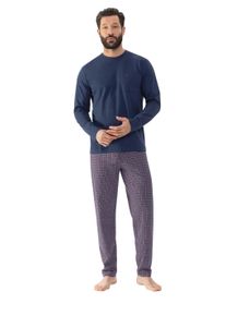 Schlafanzug Mey "Red Tile", Herren, Gr. XL, blau (yacht blau), Single Jersey, Obermaterial: 100% Baumwolle, lang, Rundhals, Homewear-Sets Schlafanzug, Langarm-Shirt mit Brusttasche