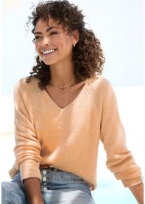 V-Ausschnitt-Pullover Buffalo, Damen, Gr. 40/42, orange (pfirsich meliert), Strick, Obermaterial: 58% Polyacryl, 42% Polyamid, meliert, figurumspielend h&uuml;ftbedeckend, V-Ausschnitt, Rippstrickb&uuml;ndchen, Pullover V-Ausschnitt-Pullover, mit modischer Melange-Optik, weicher Strickpullover, elastisch, Topseller