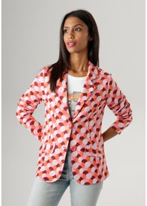 Kurzblazer Aniston SELECTED, Damen, Gr. 40, bunt (rosa, sanftes wei&szlig;, dunkelrot, hellorange), Jersey, Obermaterial: 68% Polyester, 27% Viskose, 5% Elasthan, Jacquardmuster, figurbetont h&uuml;ftlang, Blazer Kurzblazer, in Jacquard-Qualit&auml;t
