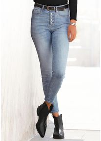 High-waist-Jeans Buffalo, Damen, Gr. 36, N-Gr, blau (blau, washed), Denim/Jeans, Obermaterial: 98% Baumwolle, 2% Elasthan, figurbetont lang, Jeans High-waist-Jeans, mit modischer Knopfleiste, schmale Skinny-Jeans, Stretch-Qualit&auml;t, Topseller