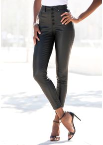 Lederimitathose Lascana, Damen, Gr. 46, N-Gr, schwarz, Jersey, Obermaterial: 77% Viskose, 20% Polyamid, 3% Elasthan, leicht gl&auml;nzend, unifarben, figurbetont kn&ouml;chelfrei, Hosen Lederimitathose, mit sichtbarer Knopfleiste, enge Kunstlederhose, casual-chic, Topseller