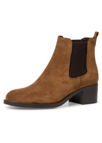 Chelseaboots Tamaris, Damen, Gr. 41, braun (cognac), Elastischer Einsatz, Veloursleder, unifarben, used, Schuhe Chelseaboots, Blockabsatz, Stiefelette, Businessschuh in schmaler Form