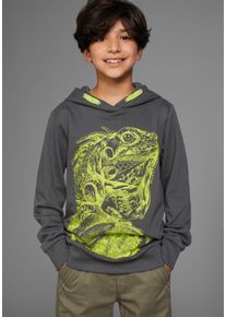 Kapuzensweatshirt Kidsworld "GECKO - Print", Jungen, Gr. 164/170, grau (anthrazit), angeraute Sweatware, Obermaterial: 100% Baumwolle. Kapuzenfutter: 100% Baumwolle, bedruckt, Basic, angesetztes B&uuml;ndchen, Sweatshirts Kapuzensweatshirt, cooles Tiermotiv, Topseller
