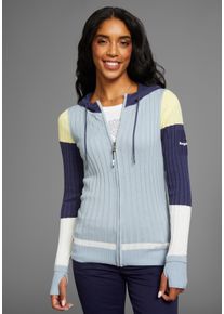 Kapuzenstrickjacke Kangaroos, Damen, Gr. 56/58, blau (blau, wei&szlig;), Rippstrick, Obermaterial: 50% Baumwolle, 50% Polyacryl, sehr figurbetont h&uuml;ftbedeckend, Rippb&uuml;ndchen mit Daumenl&ouml;chern, Strickjacken Kapuzenstrickjacke, mit Colorblock, gro&szlig;e Gr&ouml;&szlig;en, Topseller