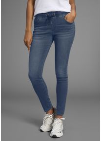 Stretch-Jeans Arizona, Damen, Gr. 46, N-Gr, blau (dar blau use), Jersey, Obermaterial: 59% Baumwolle, 40% Polyester, 1% Elasthan, Basic, bequem kn&ouml;chellang, Jeans Stretch-Jeans, weites Bein, normale Leibh&ouml;he, kn&ouml;chellang, mit Used-Waschung