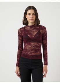 Langarmshirt Y.A.S "YASLACEY LS LACE TOP S. NOOS", Damen, Gr. XS, rot (port royale), Jersey, Obermaterial: 95% Nylon, 5% Elasthan, unifarben, slim fit normal, hoch geschlossener Ausschnitt, Shirts Langarmshirt