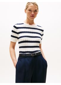 Kurzarmpullover Tommy Hilfiger "CO CABLE MID GG S/S C-NK SWT", Damen, Gr. M (38), ivory silk, schwarz night navy stp, Strick, Obermaterial: 100% Baumwolle, gestreift, regular fit normal, Rundhals, Pullover Kurzarmpullover, mit Zopfmuster