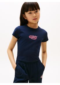 T-Shirt Tommy Hilfiger "BUTTERFLY GRAPHIC TEE SS", M&auml;dchen, Gr. 8 (128), blau (schwarz night navy), Single Jersey, Obermaterial: 93% Baumwolle, 7% Elasthan, unifarben, regular fit h&uuml;ftbedeckend, Rundhals, Shirts T-Shirt, f&uuml;r Kinder bis 16 Jahre, mit gl&auml;nzendem Druck