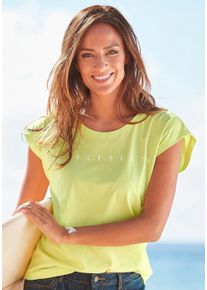 Kurzarmshirt Venice Beach, Damen, Gr. 48/50, gr&uuml;n (limone), Jersey, Obermaterial: 100% Baumwolle, unifarben, figurumspielend h&uuml;ftlang, Rundhals, Shirts Kurzarmshirt, mit Logoprint vorne, T-Shirt aus Baumwolle, sportlich-casual, Basic, Topseller