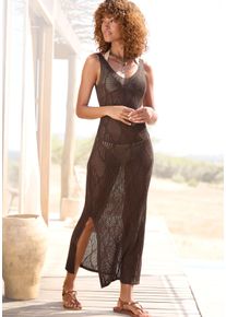 Strickkleid Lascana, Damen, Gr. 42, N-Gr, braun, Strick, Obermaterial: 100% Polyacryl, unifarben, figurbetont kniebedeckend, tiefer V-Ausschnitt, Kleider Strickkleid, mit Ajourmuster, transparentes Strandkleid, elegant