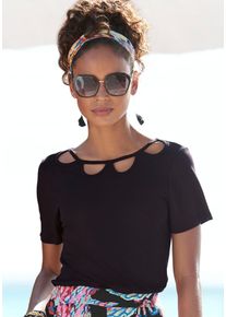 Kurzarmshirt Buffalo, Damen, Gr. 44/46, schwarz, Jersey, Obermaterial: 100% Viskose, unifarben, figurumspielend h&uuml;ftlang, Rundhals, Shirts Kurzarmshirt, mit Cut-outs vorne, T-Shirt, lockere Passform, Topseller