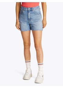 Shorts Tommy Jeans "MOM SHORT BI0112", Damen, Gr. 27, N-Gr, blau (denim light), Denim/Jeans, Obermaterial: 81% Baumwolle, 18% Lyocell, 1% Elasthan, unifarben, normal kurz, Hosen Shorts, mit Logo-Badge, in blauer Waschung