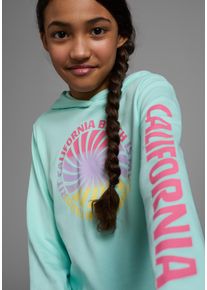 Kapuzenshirt Kidsworld "Langarmshirt mit &Auml;rmelprint", M&auml;dchen, Gr. 140/146, gr&uuml;n (mint), Interlock, Obermaterial: 100% Baumwolle, bedruckt, gerade taillenbedeckt, B&uuml;ndchen, Shirts Kapuzenshirt, Langarm, gerade Passform, mit coolem Aufdruck, Topseller