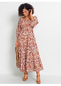 A-Linien-Kleid Inspirationen "Druck-Kleid", Damen, Gr. 44, Normalgr&ouml;&szlig;en, wei&szlig; (wei&szlig;, papaya, gemustert), 100% Polyester, gemustert, lang, V-Ausschnitt, Kleider A-Linien-Kleid