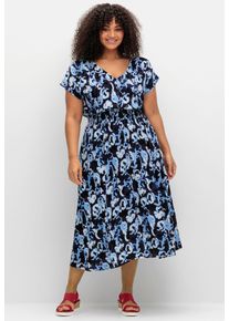 Druckkleid sheego "Druckkleid", Damen, Gr. 58, Normalgr&ouml;&szlig;en, blau (marine, gemustert), 100% Viskose, bedruckt, gebl&uuml;mt, gemustert, wadenlang, V-Ausschnitt, Kleider Druckkleid