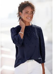 Schlupfbluse Lascana, Damen, Gr. 40, blau (marine), Web, Obermaterial: 100% Viskose, unifarben, figurumspielend h&uuml;ftlang, hoch geschlossener Ausschnitt, 1-Knopf-Manschette, Blusen Schlupfbluse, mit Lochstickerei und dezenten R&uuml;schen, 3/4-&auml;rmelige Damenbluse, Topseller