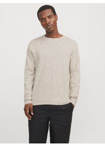 Jack & Jones Rundhalspullover JACK & JONES "JJESUMMER KNIT CREW NECK SN", Herren, Gr. S, crockery detail:with wei&szlig;, Strick, Obermaterial: 90% Baumwolle, 10% Leinen, meliert, regular fit taillenbedeckt, Rundhals, gerader Abschluss, Pullover Rundhalspullover, mit Rundhalsausschnitt